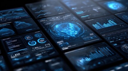 Aufkleber - Highly detailed futuristic digital interface with holographic data visualization and advanced technology elements for innovative UI design