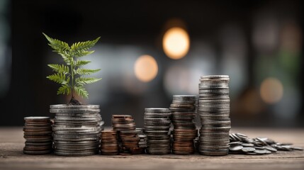 Poster - Growing Plant Sprout Emerging from a Stack of Coins on Dark Blurred Background Symbolizing Investment Growth and Financial Sustainability