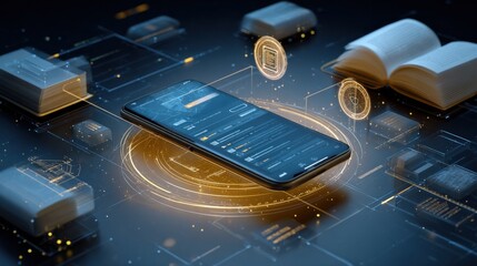 Leinwandbilder - Advanced digital banking and cryptocurrency technology concept featu a smartphone with financial app, digital coins, and open book on futuristic high-tech interface