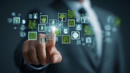 Poster - Digital Green Technology Interface Sustainable Ecology Businessman Hand Touching Screen Nature Icons Leaves Plants Growth Environmental Concept Modern Futuristic Innovation        