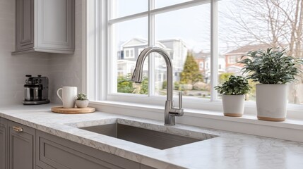 Poster - Bright modern kitchen interior with large window showing suburban neighborhood exterior, marble countertop, sink, plants, and minimal decor