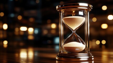 Poster - Glass hourglass with flowing sand on wooden surface in a warm ambient setting with blurred city lights background