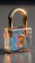 Poster - Stunning glass padlock with metallic gold shackle and iridescent reflective surface creating a luxurious and secure vintage-inspired design