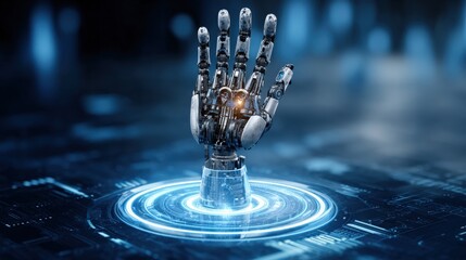 Aufkleber - Futuristic robotic hand emerging from digital water ripples with glowing circuits and neural connections, high-tech artificial ligence technology