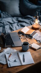 Poster - Cozy bedroom workspace with open laptop, notebooks, glasses, coffee mug, warm lighting, and bed in background for relaxed working environment
