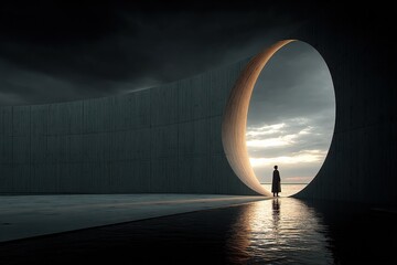 Poster - Modern architectural structure featu a large circular opening with a silhouette of a person standing at sunset near water under dramatic cloudy sky
