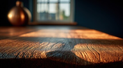 Poster - Close-up of a rustic wooden table with natural grain texture illuminated by warm sunlight in a cozy indoor setting with blurred background
