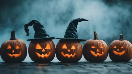 Aufkleber - A row of carved pumpkins adorned with witches' hats, perfect for Halloween decorations or spooky themed events