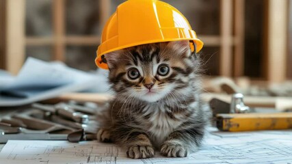 Aufkleber - A curious kitten wears a hard hat while sitting on top of construction plans, a unique and playful scene