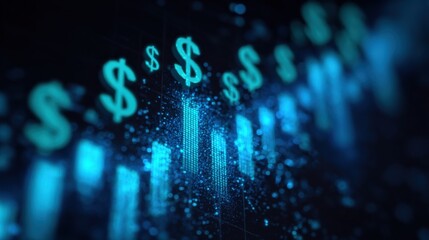 Aufkleber - Digital financial chart with glowing dollar signs and rising bar graph representing economic growth and investment trends in a futuristic glowing blue style