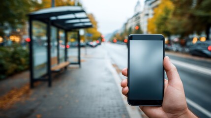 Poster - Urban Street Scene with Bus Stop Shelter and Person Holding Smartphone on Wet Sidewalk du Autumn Day