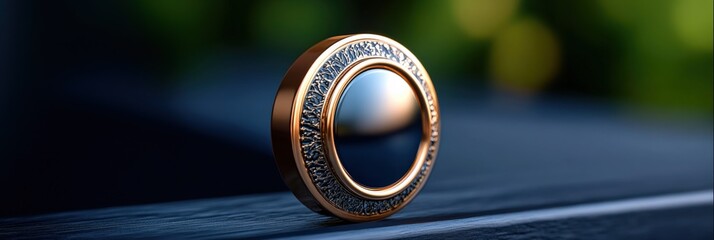Poster - Close-up of a luxury rose gold with intricate detailed engravings and smooth polished surface resting on a dark blurred background