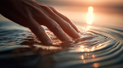 Poster - Close-up of a person's hand touching water du sunset with warm sunlight reflecting on the surface and soft ripples in a calming natural scene