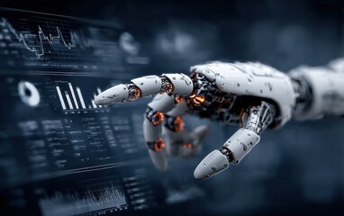 Aufkleber - Futuristic robotic hand interacting with transparent digital interface displaying data and charts in a high-tech environment
