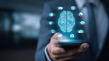 Aufkleber - Advanced technology artificial ligence concept with futuristic brain graphic on mobile device in business attire
