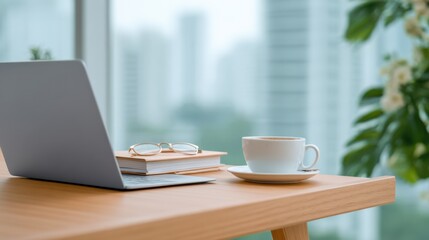 Poster - Modern workspace setup with laptop, coffee cup, books, glasses on wooden desk overlooking cityscape through large in daylight