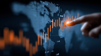 Poster - Businessperson Touching Financial Data Stock Market Chart on Digital Screen with World Map in Background for Investment and Trading Concepts