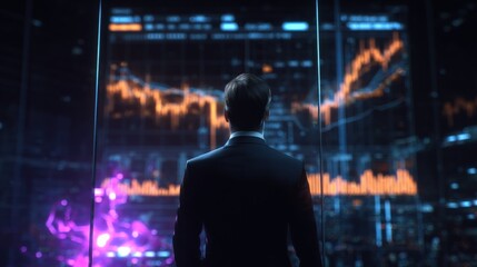 Aufkleber - Businessman Analyzing Financial Data On Large Digital Screen Showing Stock Market Graphs And Charts In Modern Office Environment