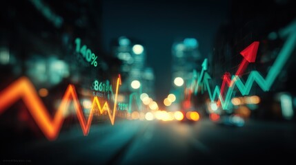Aufkleber - Vibrant city street scene at night with fast moving blurred traffic and colorful digital stock market or financial growth graph visual
