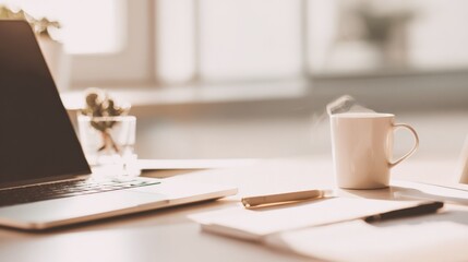 Poster - Modern workspace with open laptop open notebook coffee mug and pen on bright sunny office desk with natural light