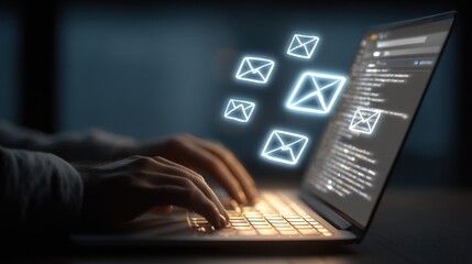 Aufkleber - Person typing on a laptop computer with email icons and digital communication symbols floating above in a dark environment