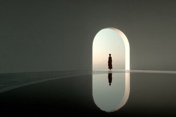 Aufkleber - Mystical silhouette of a person standing at an arched doorway with glowing light behind, creating a reflective surface on the floor in a minimalistic window scene