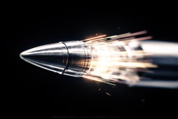 Aufkleber - High-speed metal projectile rocket missile in motion with sparks and blurred streaks flying through dark background for advanced aerospace technology