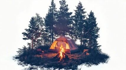 Poster - A single tent stands in a dense forest environment