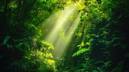 Poster - Jungle scene with sunlight filtering through tree foliage