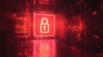 Poster - A bright red neon sign featuring a lock icon