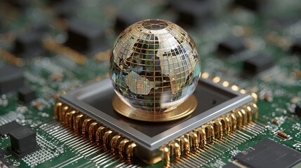 Aufkleber - Global Network Digital World Technology Concept Golden Globe on Microchip Circuit Board Advanced Technology Innovation Digitalization Global Communication Internet of Things Modern