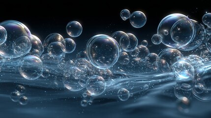 Poster - Abstract Sparkling Bubbles Floating on Dark Water Surface Background Digital Art Illustration Design Graphic Resource for Wallpaper Website Banner Poster Print Template 3D Cool    