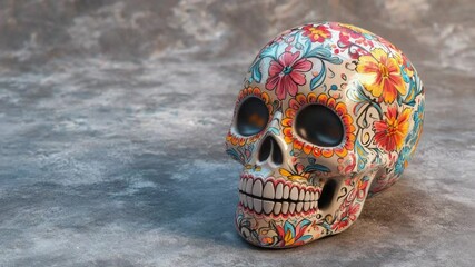 Leinwandbilder - Colorful sugar skull perched on a table, perfect for decoration or celebration