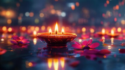 Poster - A romantic setup with a lit candle surrounded by pink flowers, perfect for intimate gatherings or special occasions