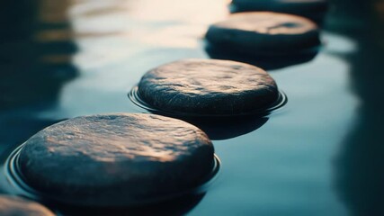 Poster - A row of stepping stones in a calm body of water, perfect for photography or editorial use