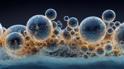 Poster - Abstract Golden Bubbles Dark Background Liquid Texture Shiny Spheres 3D Render Digital Art Modern Design Background Wallpaper Illustration Graphic Design Element Abstract          