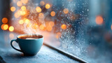 A steaming cup of cocoa rests by a frosted window, inviting warmth amidst winter's chill.