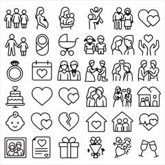 Poster - Symbolic Representations of Family Life Stages and Relationships Depicted Through Line Art Icons Emphasizing Love Connection and Milestones