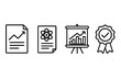© Vector - Climate Analytics Icons. Line style icons of climate analytics: climate report document, scientific summary icon, policy briefing