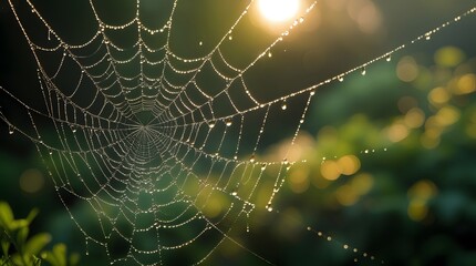 Dewy Spiderweb: A delicate spiderweb, glistening with morning dew, is artistically suspended against a blurred backdrop of nature, sunlit and ethereal. 