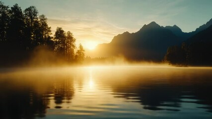 Poster - A serene sunset scene by a lake, surrounded by trees and mountains