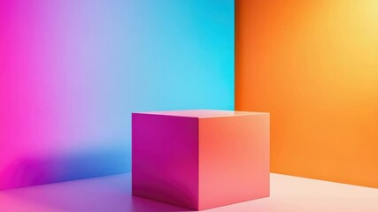 Poster - A colorful cube with pink and blue sides in a plain room