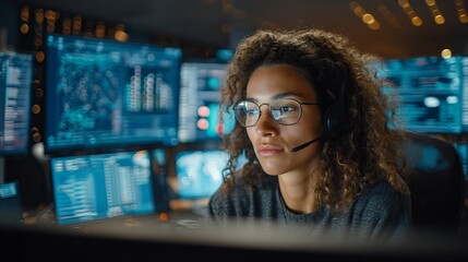 Poster - Focused Female Programmer Working Late Night on Complex Software Development Project Using Multiple Monitors High Tech Office Environment Serious Concentrated Expression data code 