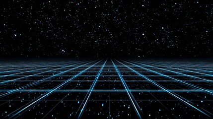 Aufkleber - Futuristic Grid Landscape Digital Art Abstract Background Neon Lines Dark Blue Glowing Stars Night Sky Sci Fi Technology Modern Design Illustration Vector Graphic Image space light
