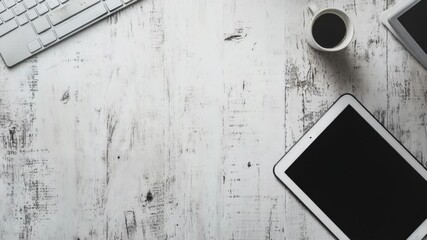Poster - A person's workspace with a cup of coffee, laptop, and cell phone