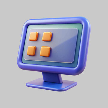 A playful, stylized computer screen mockup with four orange squares on a blue display provides a clean application interface.
