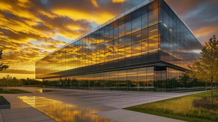 Poster - A large glass building illuminated by a beautiful sunset, great for architectural or cityscape photography
