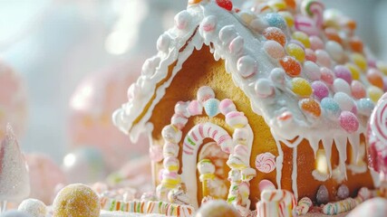 Poster - A close-up shot of a decorative gingerbread house on a table, perfect for holiday or baking themes