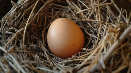 Poster - A single brown egg is nestled among straw in a natural setting