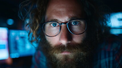 Poster - Portrait of a Bearded Man with Glasses Intense Gaze Nighttime Setting Serious Expression Blue Light Computer Screens Programmer Coder Developer Focused Work Late Night Digital     